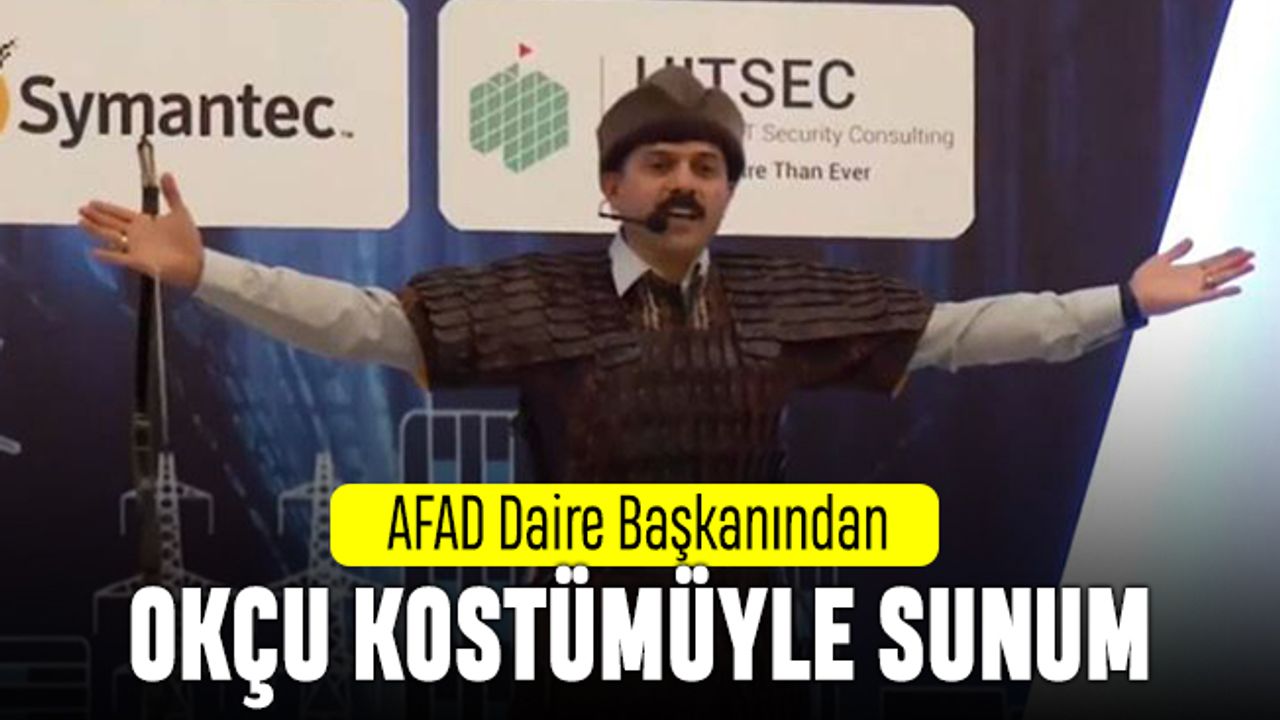 AFAD Daire Başkanı Osmanlı Okçusu kostümüyle sunum yapmış