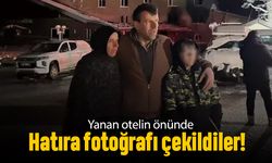 Kartalkaya'da yanan otelin önünde hatıra fotoğrafı çekilen aile