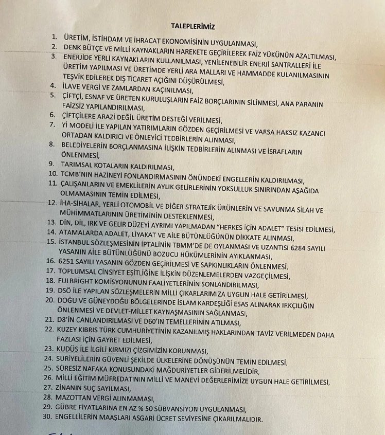 refah partisinin şartları 30 maddelik liste