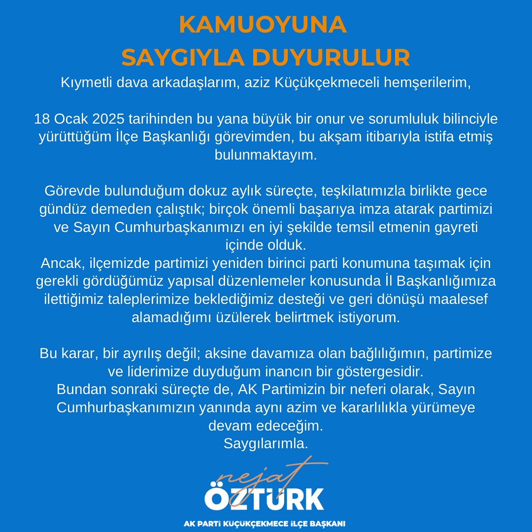 Kamuoyuna Saygıyla Duyurulurkıymetli Dava Arkadaşlarım, Aziz Küçükçekmeceli Hemşerilerim,18 Ocak